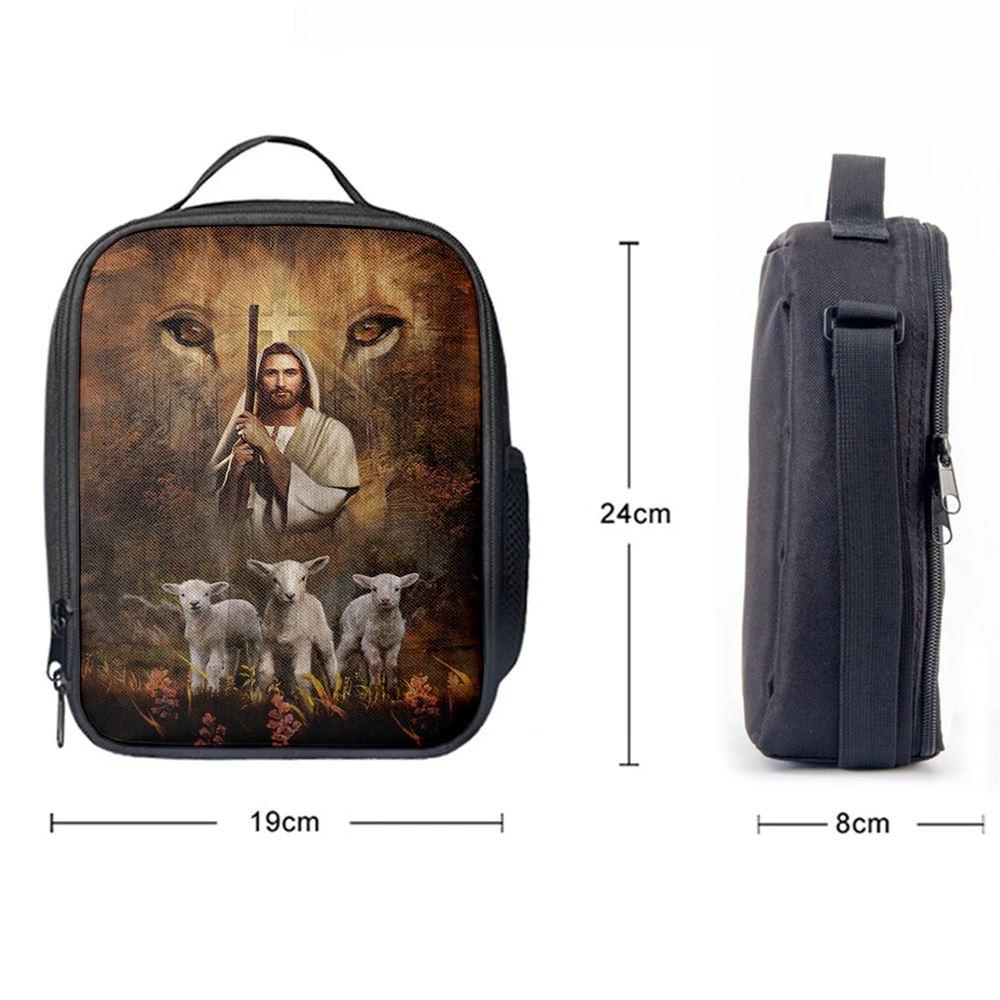 White Lamb Lion's Eyes Walking With Jesus Lunch Bag For Men And Women, Spiritual Christian Lunch Box For School, Work