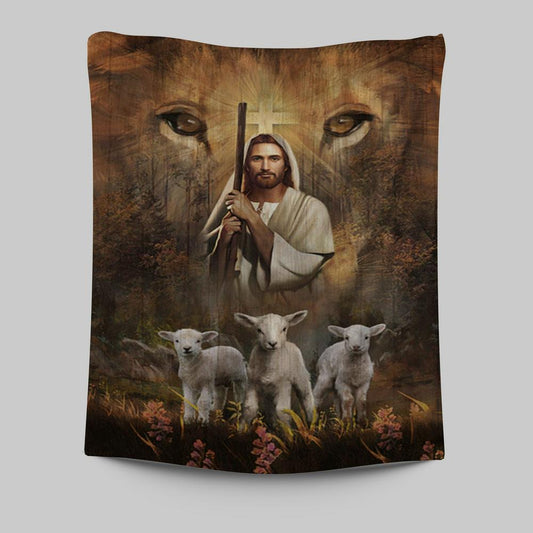 White Lamb Lion's Eyes Walking With Jesus Tapestry Wall Art - Christian Tapestries Prints - Bible Verse Tapestry Art