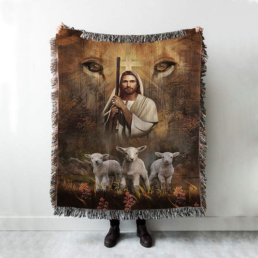 White Lamb Lion's Eyes Walking With Jesus Woven Throw Blanket - Christian Woven Blanket Prints - Bible Verse Woven Blanket Art