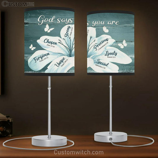 White Lily Flowers God Says You Are Table Lamb Art - Bible Verse Lamb Gift - Christian Bedroom Decor
