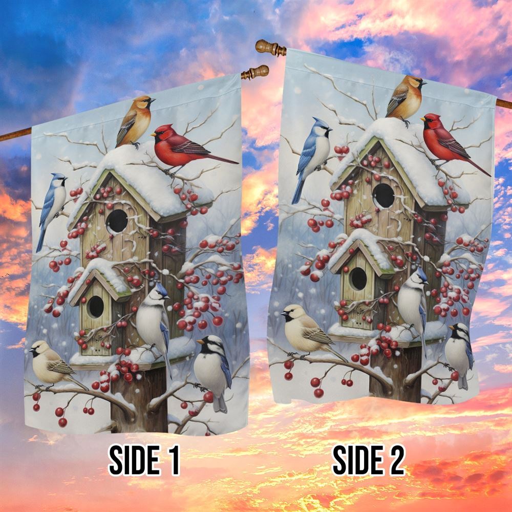 Winter Gathering At The Berry Laden Birdhouse Flag, Christmas Notre Dame House Flag, Christmas Outdoor Decor Ideas