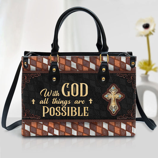 With God All Things Are Possible Cross Leather Handbag, Religious Gifts For Women, Women Pu Leather Bag