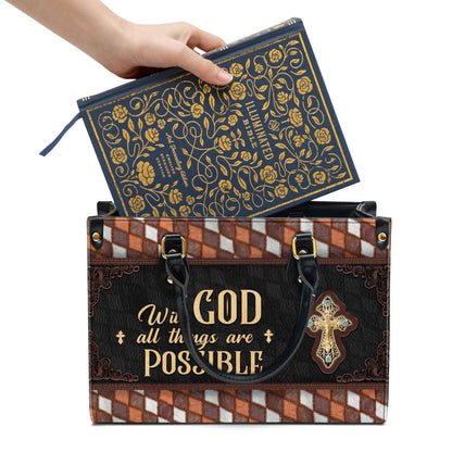 With God All Things Are Possible Cross Leather Handbag, Religious Gifts For Women, Women Pu Leather Bag