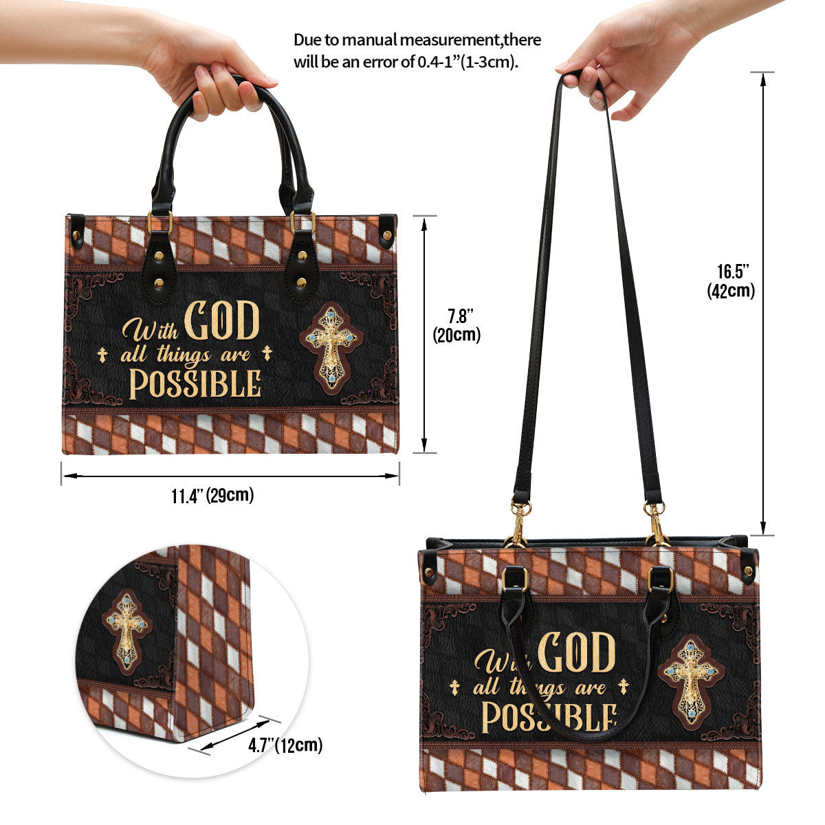 With God All Things Are Possible Cross Leather Handbag, Religious Gifts For Women, Women Pu Leather Bag