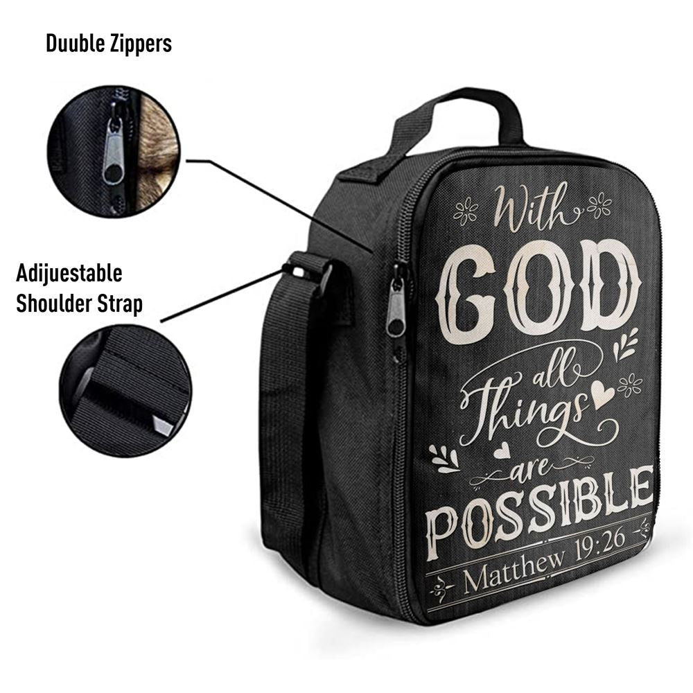 With God All Things Are Possible Matthew 1926 Bible Verse Lunch Bag For Men And Women, Spiritual Christian Lunch Box For School, Work