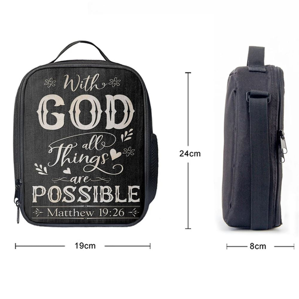 With God All Things Are Possible Matthew 1926 Bible Verse Lunch Bag For Men And Women, Spiritual Christian Lunch Box For School, Work