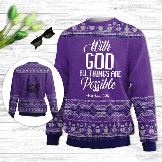 With God All Things Are Possible Ugly Christmas Sweater - Christian Unisex Sweater - Religious Christmas Gift