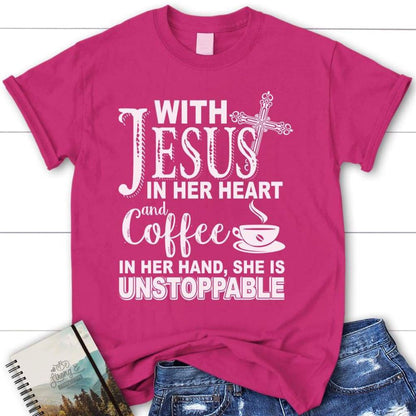 With Jesus In Her Heart And Coffee Womens Christian T Shirt, Blessed T Shirt, Bible T shirt, T shirt Women