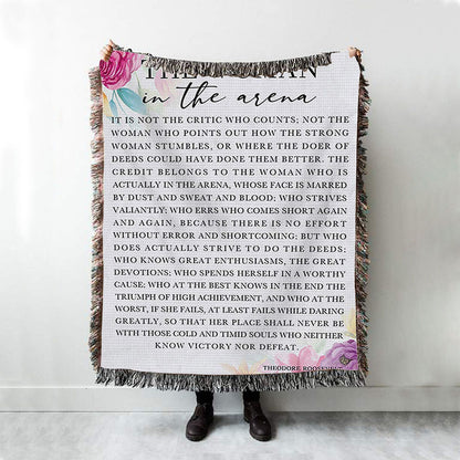Woman In The Arena Positive Quote Woven Boho Blanket -Teddy Roosevelt Decor -Encouragement Gifts For Women