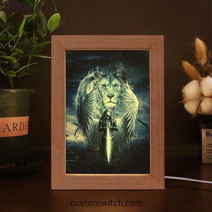 Woman Warrior Lion Of Judah Blue Night Frame Lamp Print - Inspirational Frame Lamp Art - Christian Art Home Decor