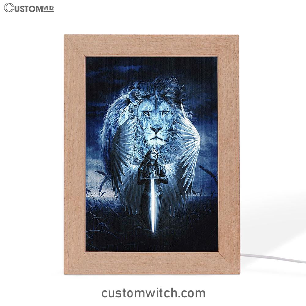 Woman Warrior Lion Of Judah Blue Night Frame Lamp Print - Inspirational Frame Lamp Art - Christian Art Home Decor