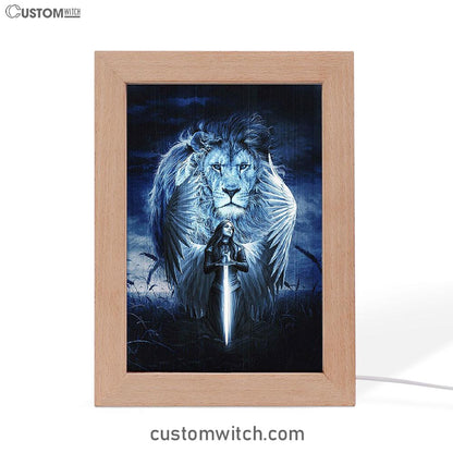 Woman Warrior Lion Of Judah Blue Night Frame Lamp Print - Inspirational Frame Lamp Art - Christian Art Home Decor