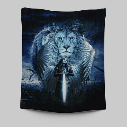 Woman Warrior Lion Of Judah Blue Night Tapestry Print - Inspirational Tapestry Art - Christian Wall Art Home Decor