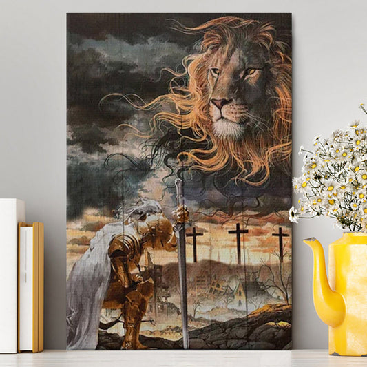 Women Warrior Kneel Before Lion Of Judah Canvas Wall Art - Christian Home Decor - Religious Art