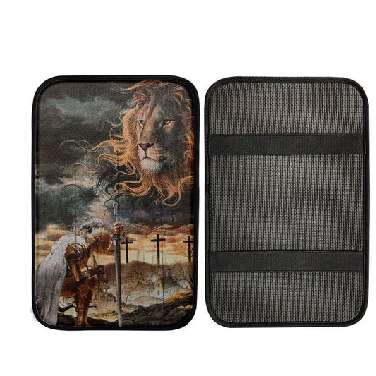 Women Warrior Kneel Before Lion Of Judah Car Center Console Cover, Bible Verse Car Interior Accessories