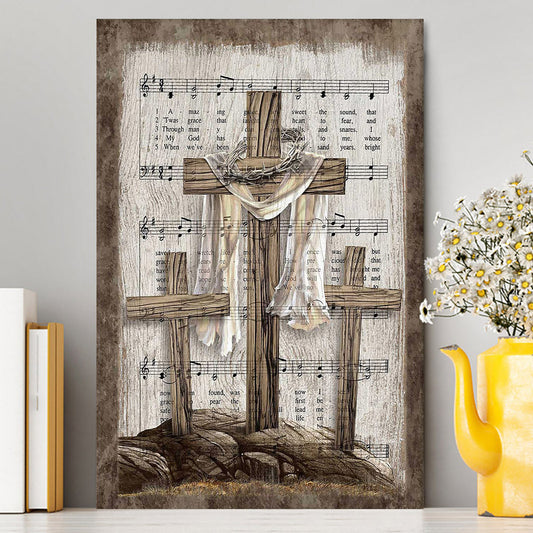 Wooden Cross Amazing Grace Lyrics Canvas Art - Christian Art - Bible Verse Wall Art - Religious Home Decor