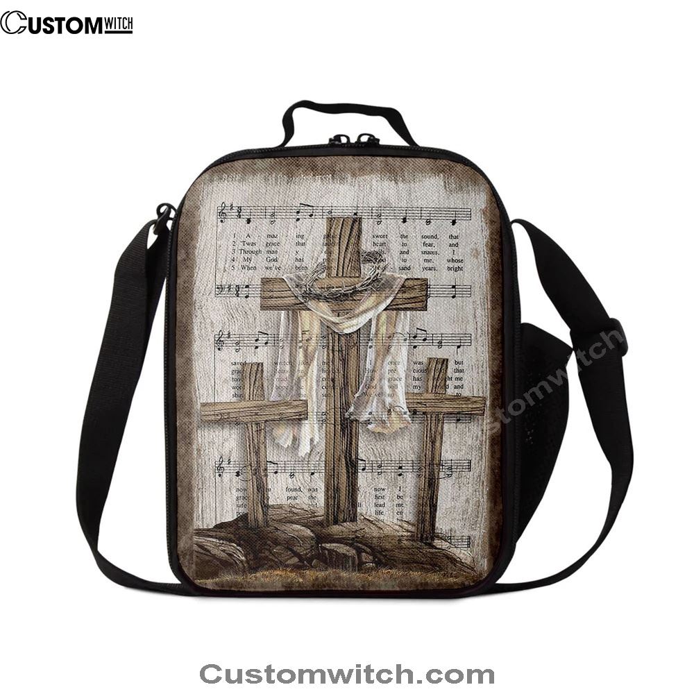 Wooden Cross Amazing Grace Lyrics Lunch Bag For Men And Women, Spiritual Christian Lunch Box For School, Work