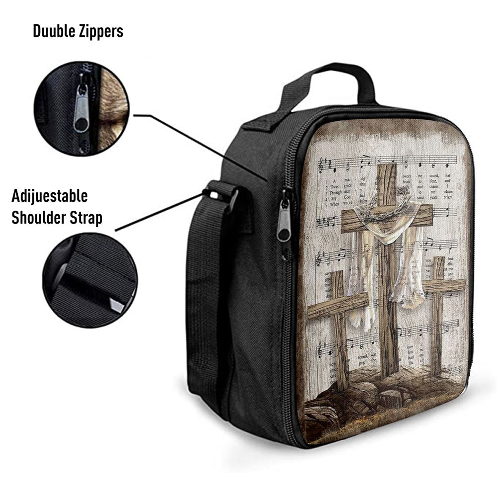 Wooden Cross Amazing Grace Lyrics Lunch Bag For Men And Women, Spiritual Christian Lunch Box For School, Work