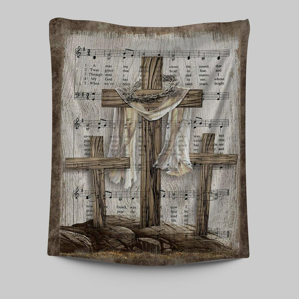 Wooden Cross Amazing Grace Lyrics Tapestry Art - Christian Art - Bible Verse Wall Art - Religious Home Decor