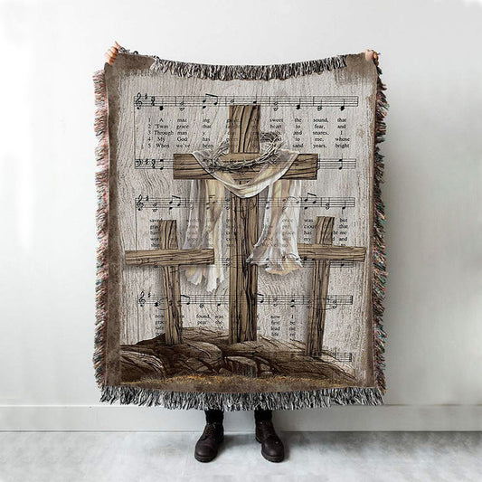 Wooden Cross Amazing Grace Lyrics Woven Blanket Art - Christian Art - Bible Verse Throw Blanket - Religious Home Decor