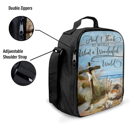Wooden Cross And I Think To Myself What A Wonderful World Lunch Bag For Men And Women, Spiritual Christian Lunch Box For School, Work