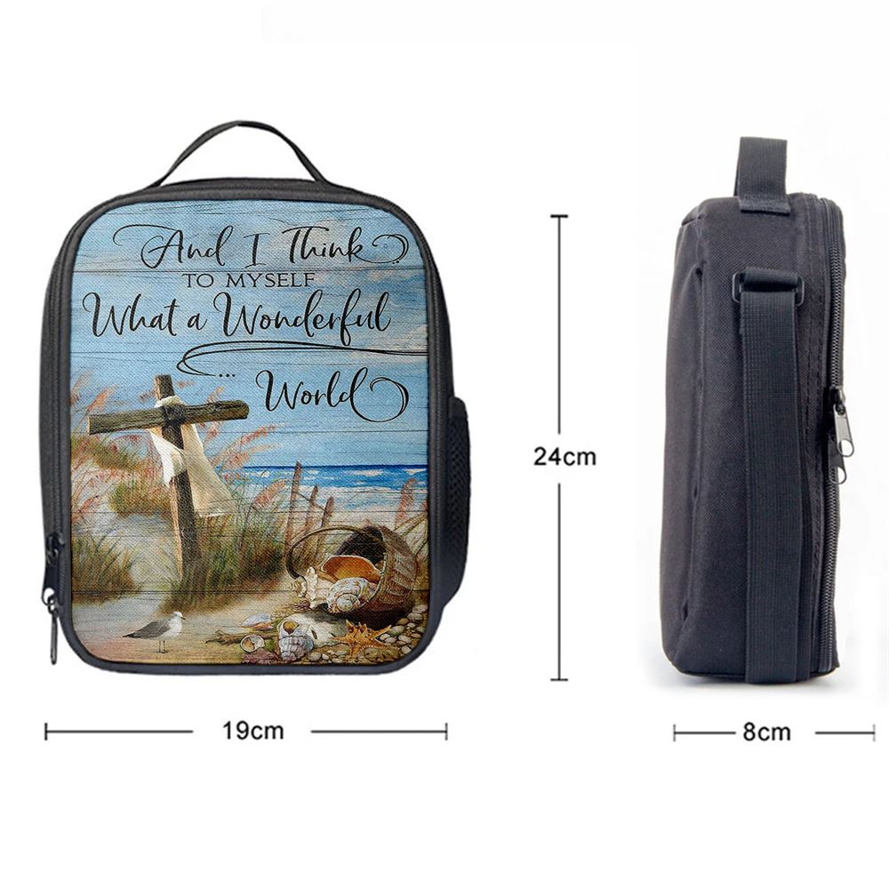 Wooden Cross And I Think To Myself What A Wonderful World Lunch Bag For Men And Women, Spiritual Christian Lunch Box For School, Work