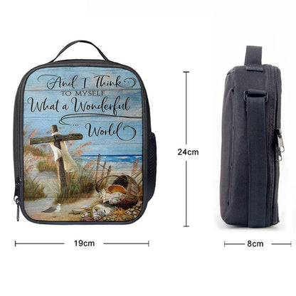 Wooden Cross And I Think To Myself What A Wonderful World Lunch Bag For Men And Women, Spiritual Christian Lunch Box For School, Work