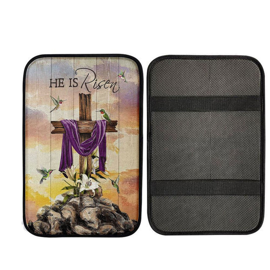 Wooden Cross Lily Flower Hummingbird He Is Risen Car Center Console Cover, Christian Car Interior Accessories