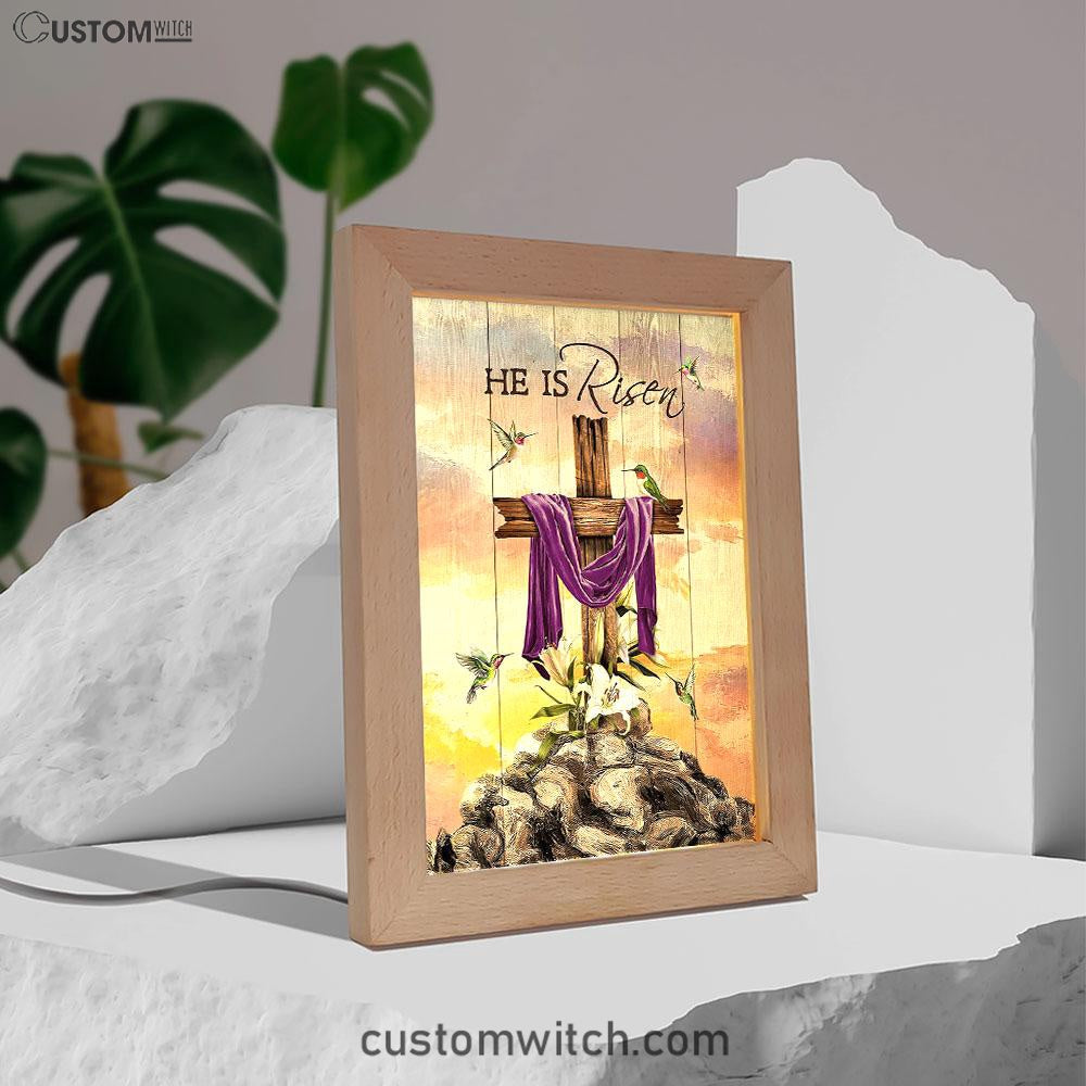 Wooden Cross Lily Flower Hummingbird He Is Risen Frame Lamp Art - Christian Art - Bible Verse Art - Religious Home Decor