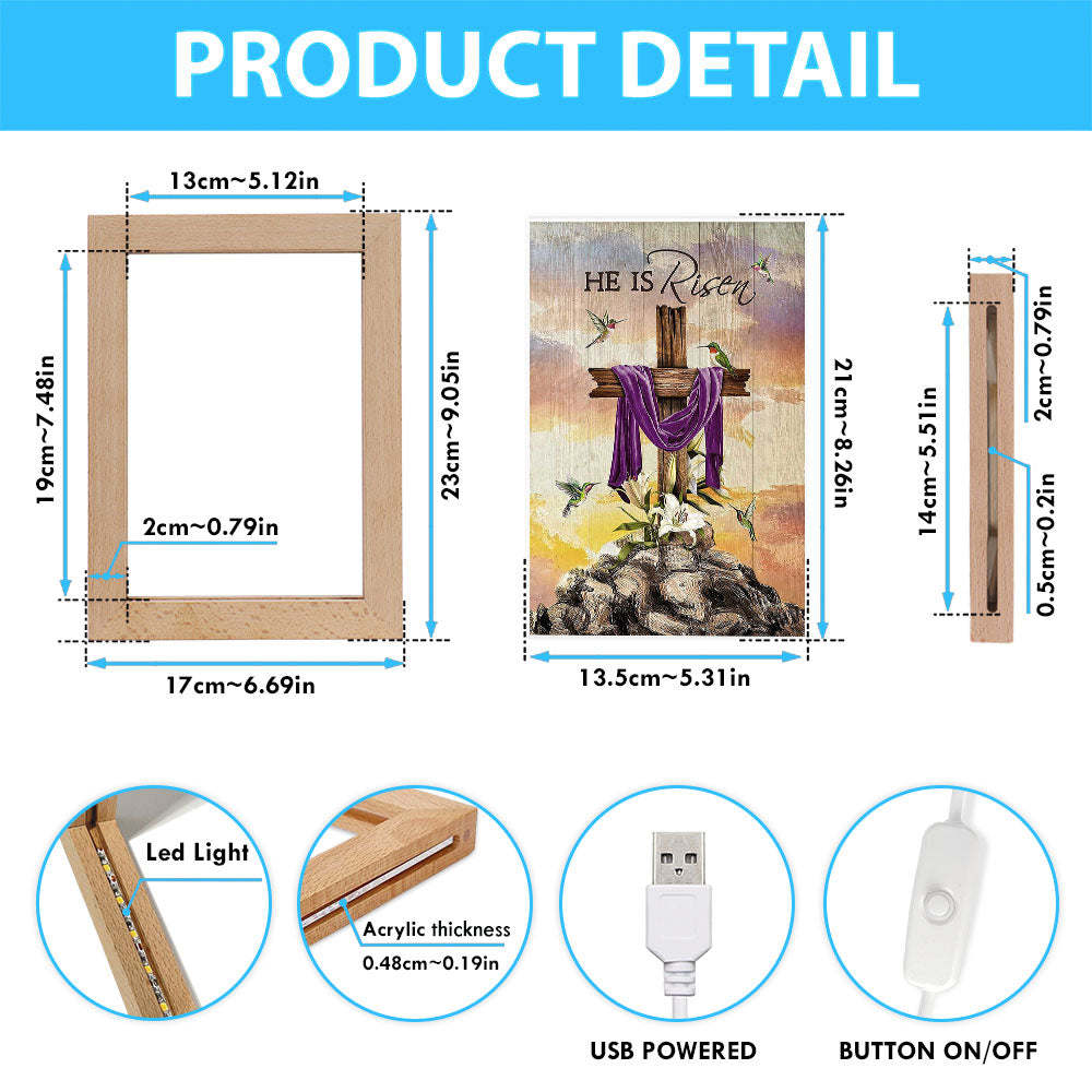 Wooden Cross Lily Flower Hummingbird He Is Risen Frame Lamp Art - Christian Art - Bible Verse Art - Religious Home Decor