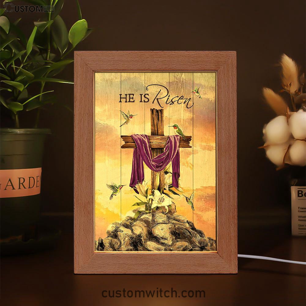 Wooden Cross Lily Flower Hummingbird He Is Risen Frame Lamp Art - Christian Art - Bible Verse Art - Religious Home Decor