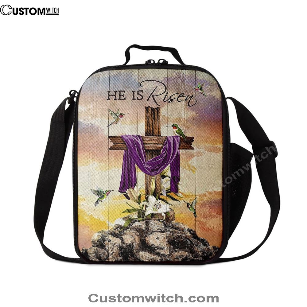 Wooden Cross Lily Flower Hummingbird He Is Risen Lunch Bag For Men And Women, Spiritual Christian Lunch Box For School, Work