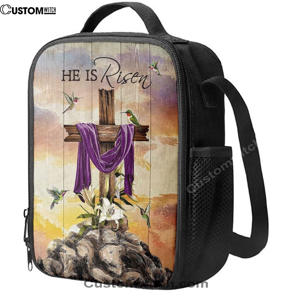 Wooden Cross Lily Flower Hummingbird He Is Risen Lunch Bag For Men And Women, Spiritual Christian Lunch Box For School, Work