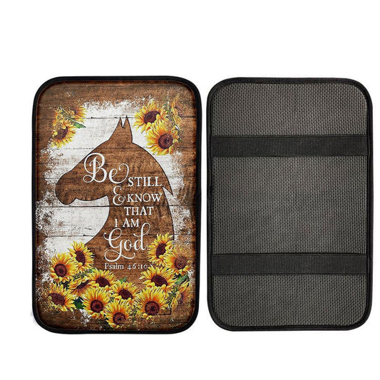 Wooden Horse Sunflower Be Still And Know That I Am God Car Center Console Cover, Christian Car Interior Accessories