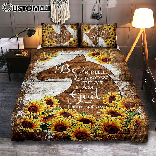 Wooden Horse Sunflower Be Still And Know That I Am God Quilt Bedding Set Art - Christian Art - Bible Verse Bedroom - Religious Home Decor