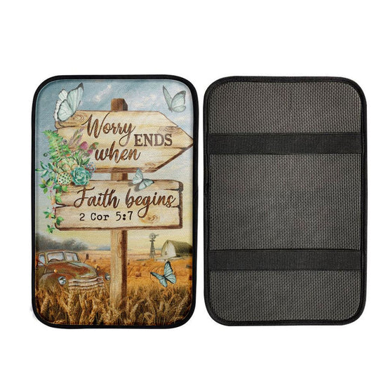 Worry Ends When Faith Begins Old Car Butterfly Countryside Car Center Console Cover, Christian Car Interior Accessories
