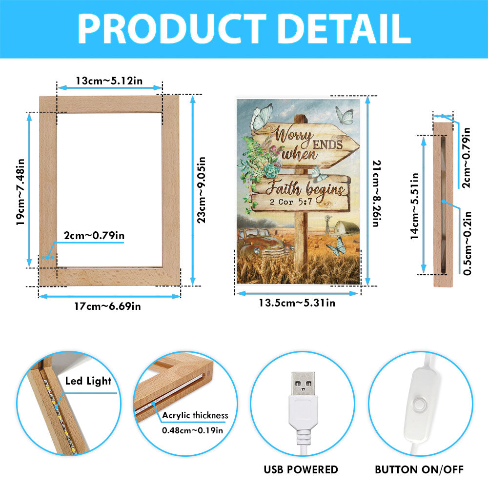 Worry Ends When Faith Begins Old Car Butterfly Countryside Frame Lamp Prints - Christian Decor - Bible Verse Wooden Lamp