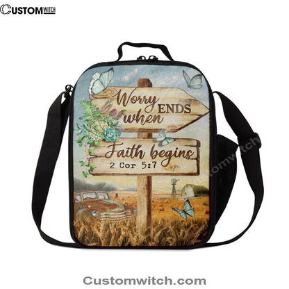Worry Ends When Faith Begins Old Car Butterfly Countryside Lunch Bag For Men And Women, Spiritual Christian Lunch Box For School, Work