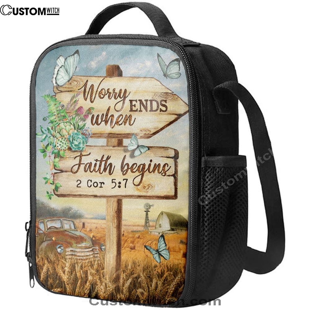 Worry Ends When Faith Begins Old Car Butterfly Countryside Lunch Bag For Men And Women, Spiritual Christian Lunch Box For School, Work