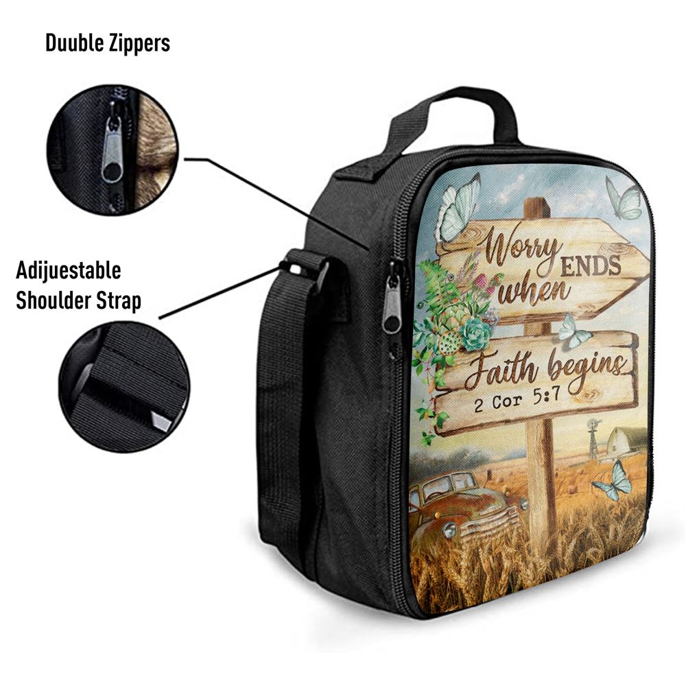 Worry Ends When Faith Begins Old Car Butterfly Countryside Lunch Bag For Men And Women, Spiritual Christian Lunch Box For School, Work