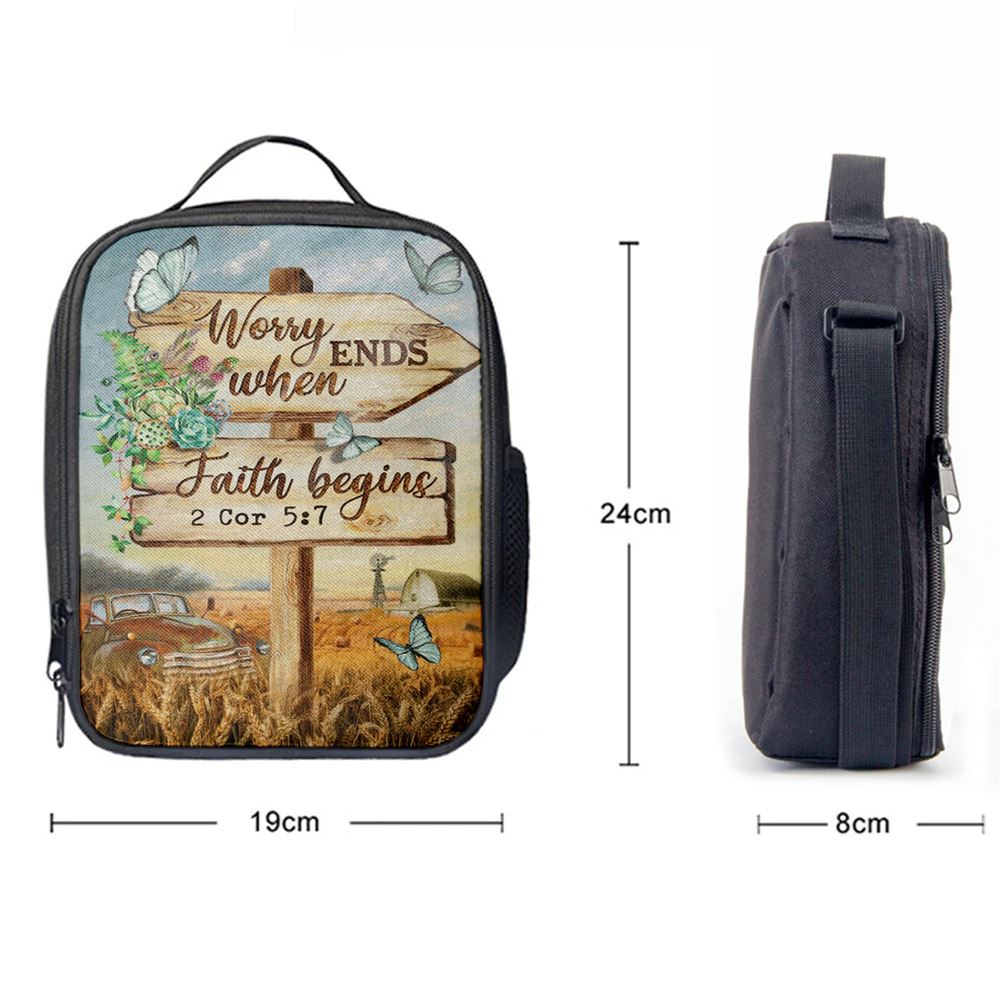 Worry Ends When Faith Begins Old Car Butterfly Countryside Lunch Bag For Men And Women, Spiritual Christian Lunch Box For School, Work