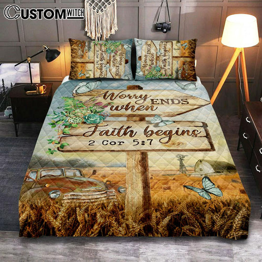Worry Ends When Faith Begins Old Car Butterfly Countryside Quilt Bedding Set Prints - Christian Cover Twin Bedding Decor - Bible Verse Quilt Bedding Set Art