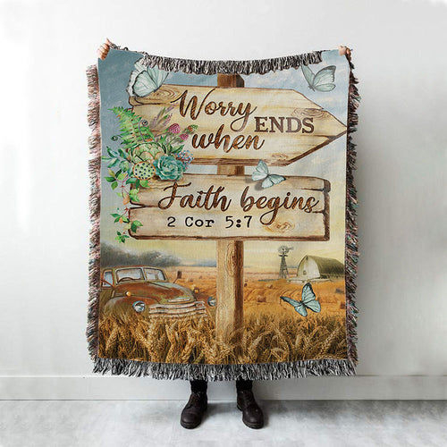 Worry Ends When Faith Begins Old Car Butterfly Countryside Woven Blanket Prints - Christian Boho Blanket - Bible Verse Woven Blanket Art
