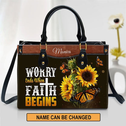 Worry Ends When Faith Begins Personalized Butterfly Leather Bag For Women, Religious Gifts For Women