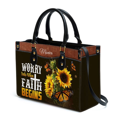 Worry Ends When Faith Begins Personalized Butterfly Leather Bag For Women, Religious Gifts For Women