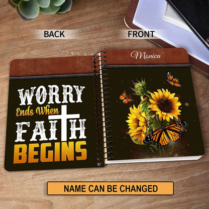 Worry Ends When Faith Begins Pretty Personalized Spiral Journal, Christian Art Gifts Journal