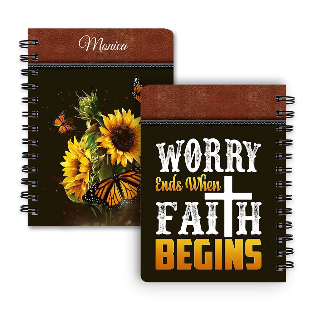 Worry Ends When Faith Begins Pretty Personalized Spiral Journal, Christian Art Gifts Journal