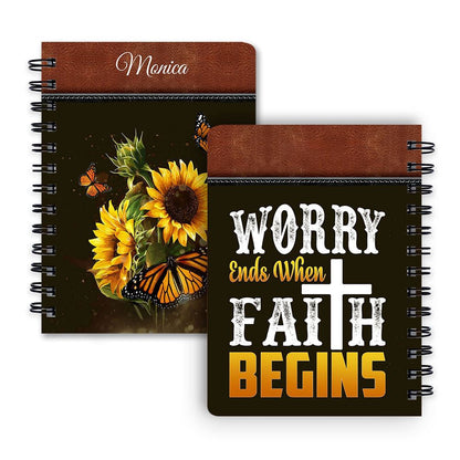 Worry Ends When Faith Begins Pretty Personalized Spiral Journal, Christian Art Gifts Journal