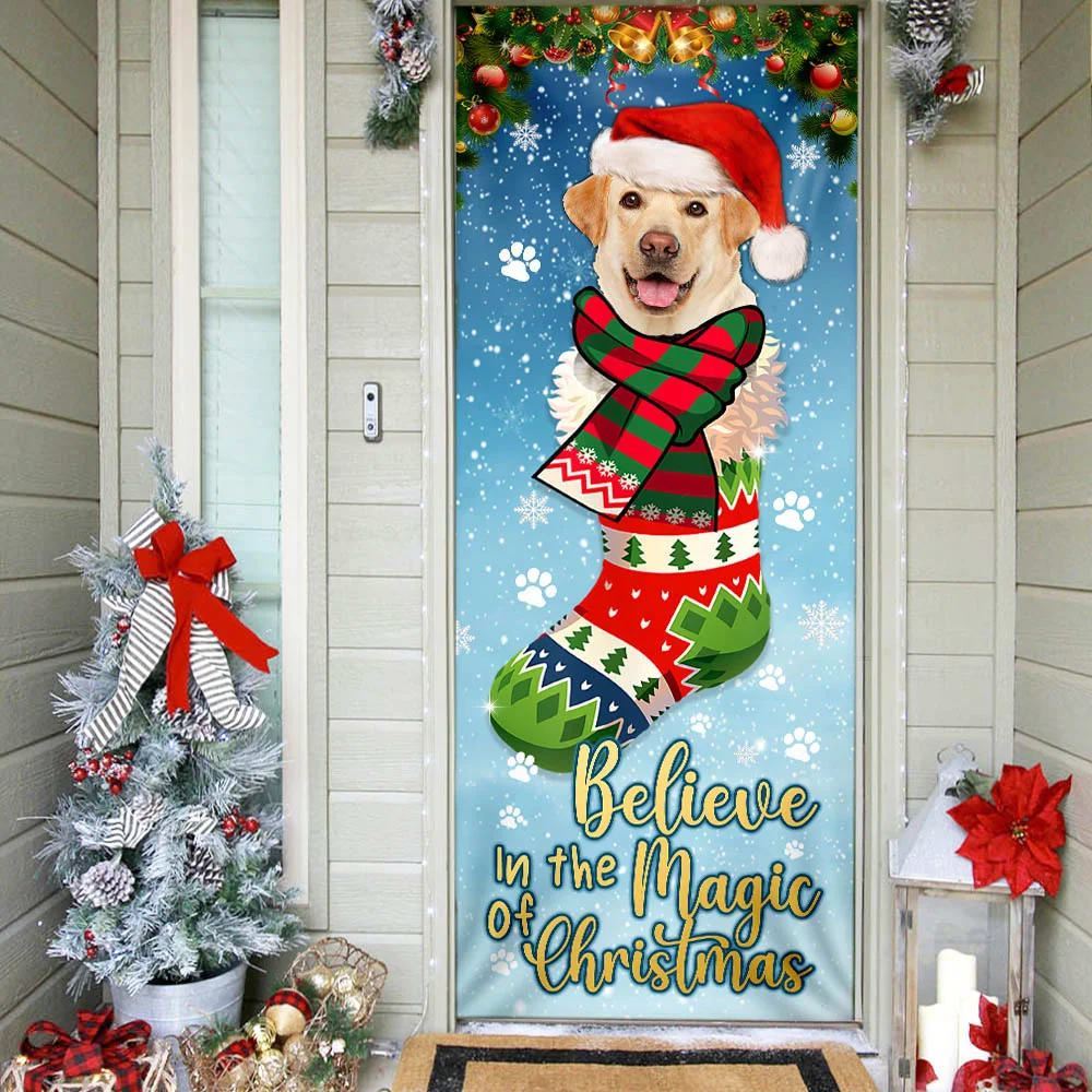 Yellow Lab In Sock Door Cover Believe In The Magic Of Christmas Labrador Retriever, Christmas Garage Door Covers, Christmas Outdoor Decoration