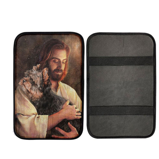 Yorkshire Terrier Dog In His Arms Jesus Car Armrest Pad - Gift For Dog Lover, Bible Verse Car Interior Accessories